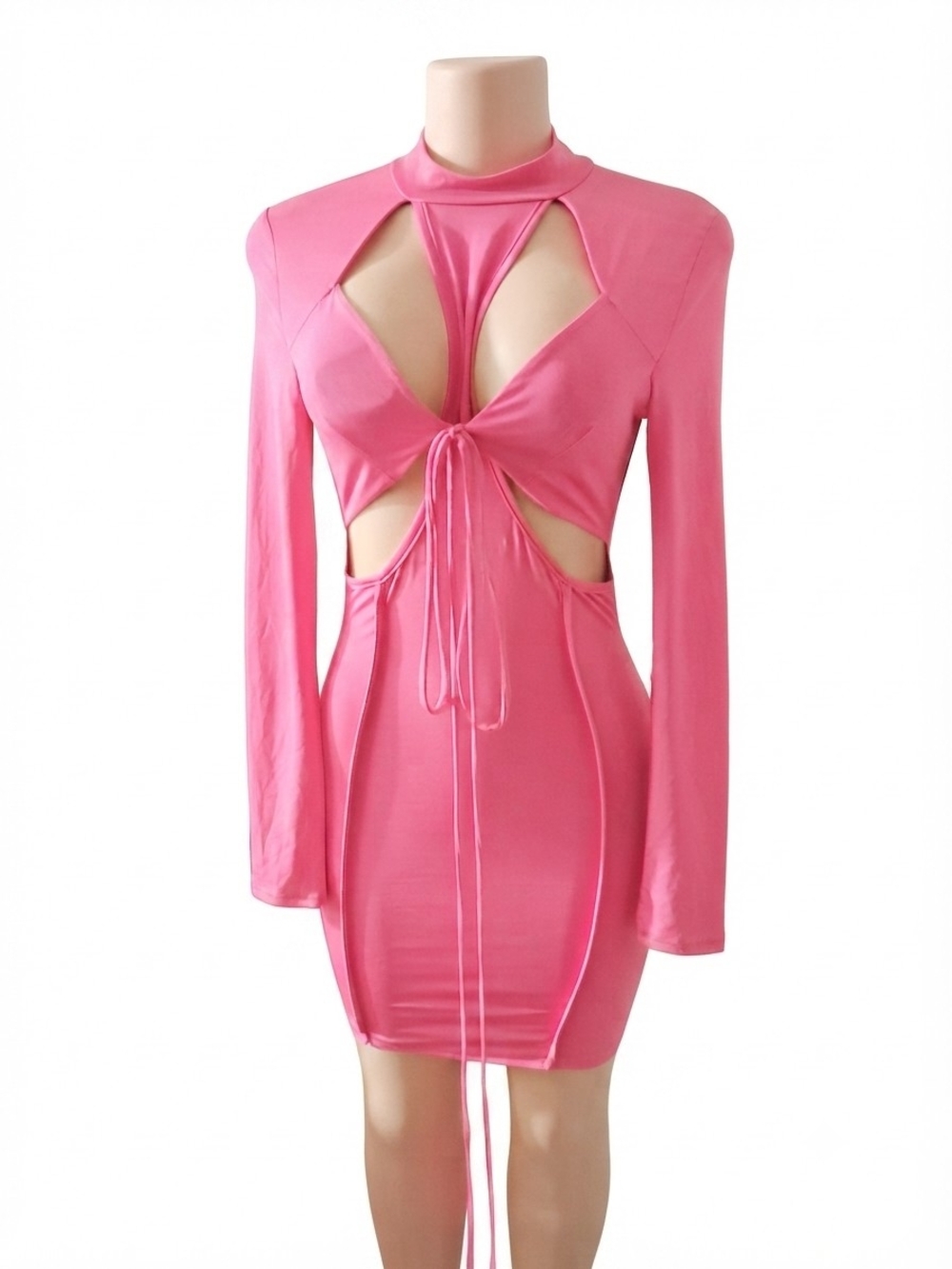 Hot Pink Long Sleeve Cutout Tie-Front Bodycon Dress